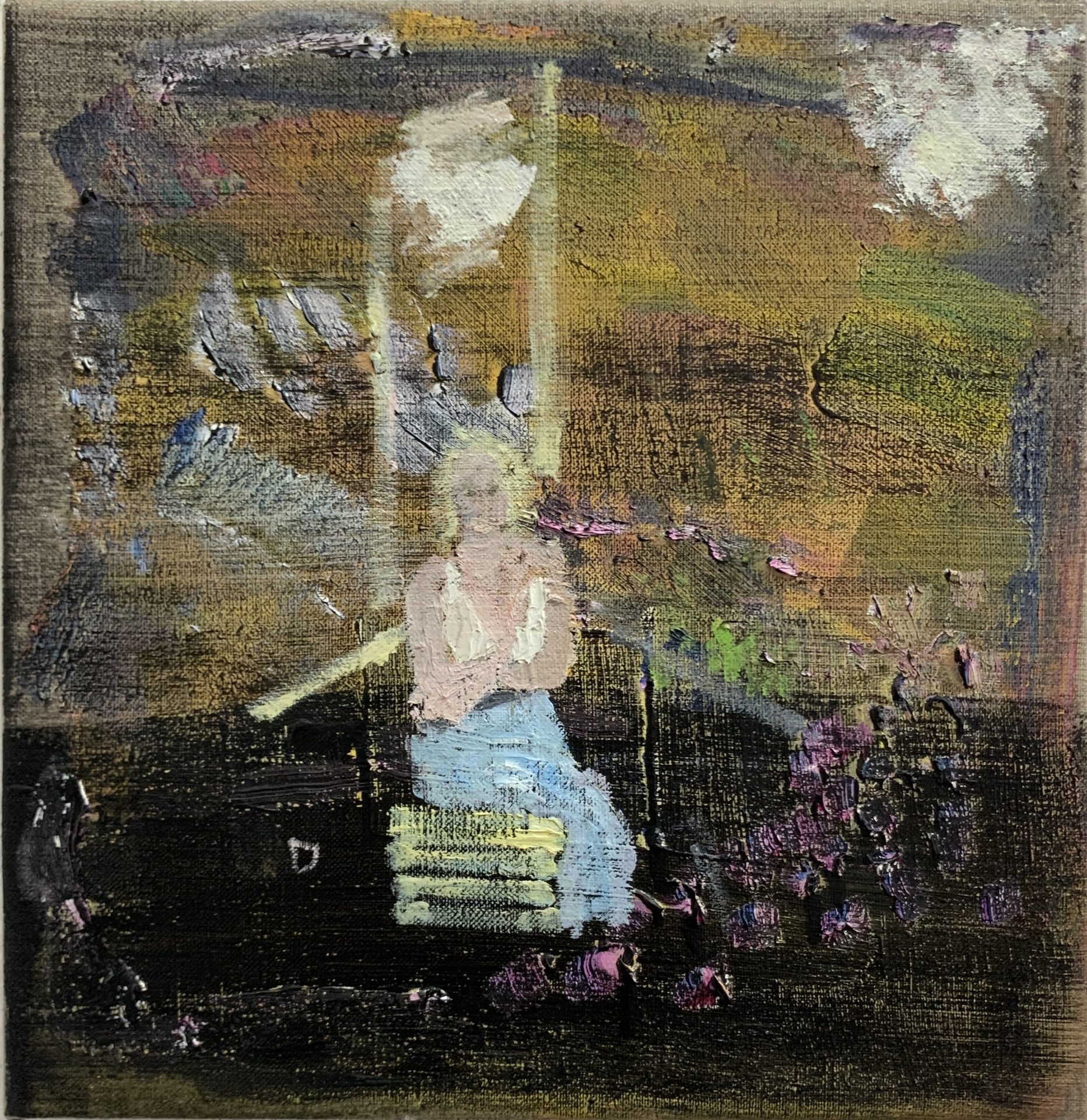 Balkon, 24×24 cm, Öl, Acryl, Ölkreide auf Leinwand, 2022