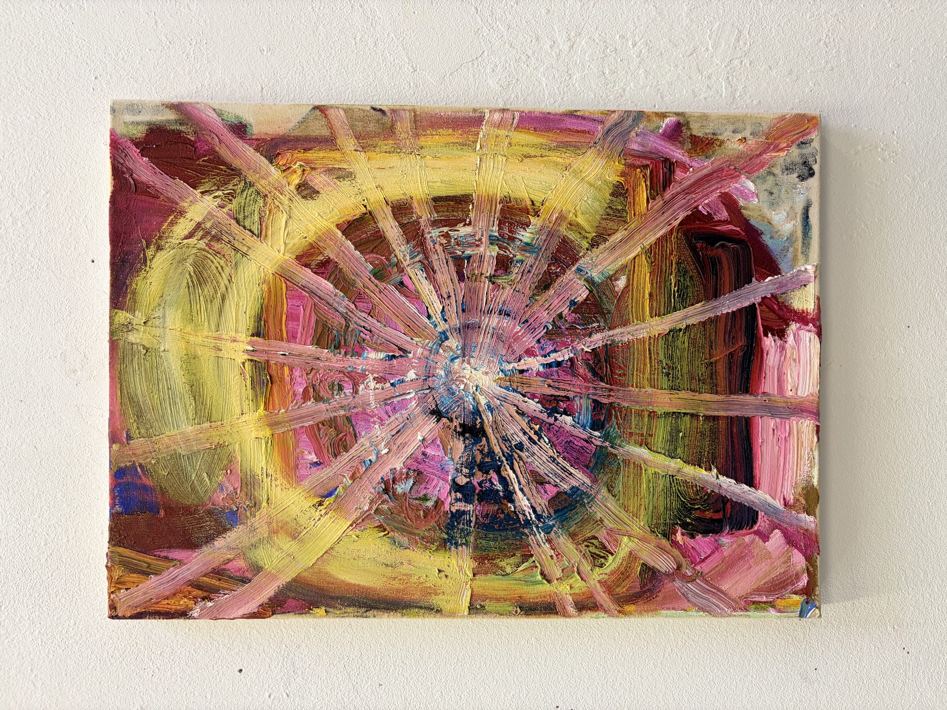 Überladene Sonne, 52×37 cm, Öl und Acryl auf Leinwand, 2025